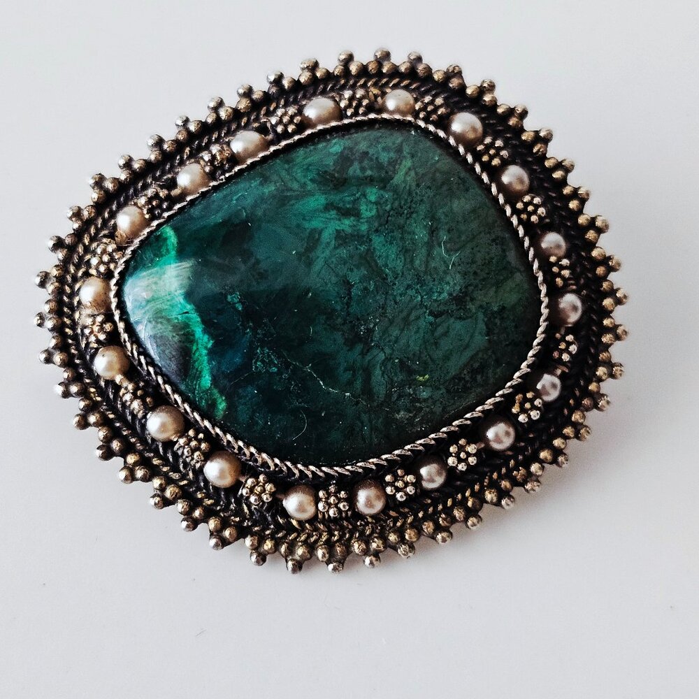 Vintage Israeli Eilat Stone and Cultured Pearl Brooch/Pendant